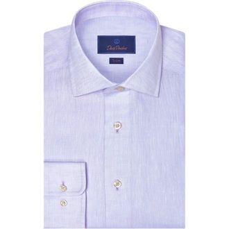 David Donahue Trim Fit Herringbone Linen Dress Shirt in Lilac at Nordstrom, Size 17.5