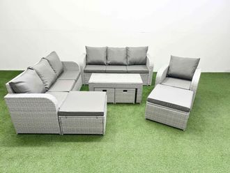 Fimous PE Rattan 3 Seater Sofa Reclining Chair Sets with Oblong Coffee Table in Light Grey
