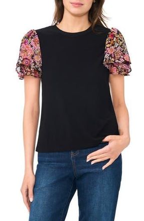 CeCe by Cynthia Steffe Floral Flutter Sleeve Top in Rich Black Floral at Nordstrom Rack, Size X-Large