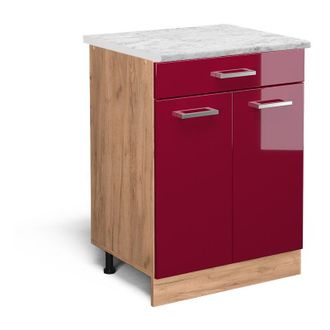 Vicco Mueble Bajo De Cocina R-line, Rojo Burdeos Alto Brillo, 60 Cm Et M&aacute;rmol