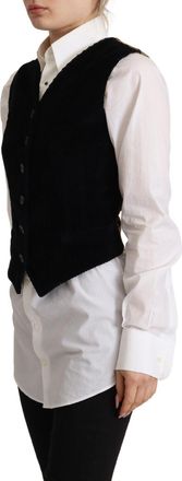 Dolce & Gabbana Womens Black V-Neck Leopard Corduroy Button Vest Top Cotton Polyester Elastane
