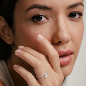 The Diamond Store Amora Radiant 1.00ct Hidden Halo Diamond Engagement Ring With Side Stones Set in Platinum