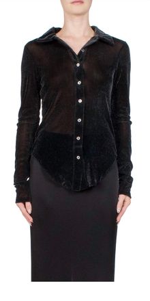 PriscaVera Velvet Mesh Button Down Shirt In Obsidian