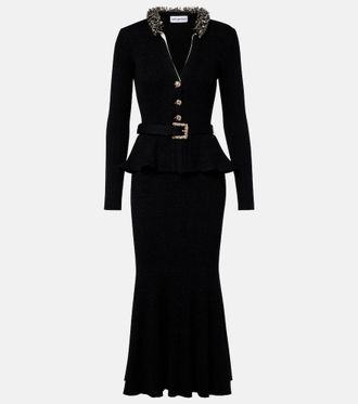 Self Portrait Belted embellished ribbed-knit midi dress