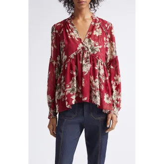 Cinq &agrave; Sept Edeline Handsketched Floral Top in Berrywine/gardenia at Nordstrom, Size Xx-Small