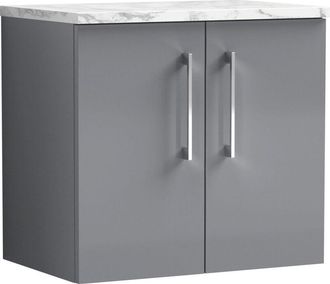 Nuie Arno Wall Hung 2-Door Vanity Unit with Carrera Marble Worktop 600mm Wide - Satin Grey - Nuie