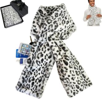 Generic Faux-Fur Pull Through Scarf With Hidden Zipper Pocket for Women, Fur Neck Collar Scarf Cozy Wrap Secure Concealed Storage (Snow Leopard)