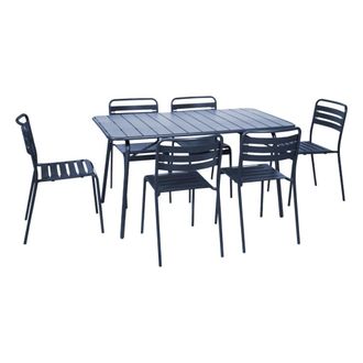 Sweeek Set mesa de jard&iacute;n bistr&oacute; plegable de acero con 6 sillas, 140cm, azul