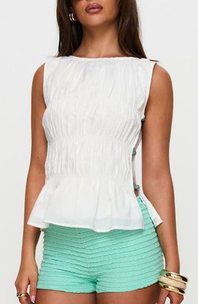 Princess Polly Read My Soul Bead Smocked Sleeveless Cotton & Linen Top in White at Nordstrom, Size 10