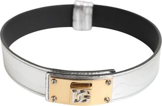 Dolce & Gabbana Zilveren Gestructureerd Leren Halsband Kraag - Dames - Riemen - Grijs - ONE Size - Leer - Accessoires