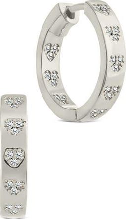 Sterling Forever Cubic Zirconia Heart Station Hoop Earrings in Silver at Nordstrom Rack