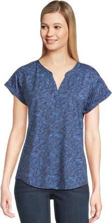 L.L.Bean Streamside T-Shirts Split-Neck Short Sleeve Womens Clothing Darkest Navy Botanical : XS, Spandex/Polyester