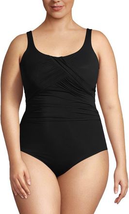 Lands End Plus Size DD-Cup Slender Grecian Tummy Control Chlorine Resistant One Piece Swimsuit in Black at Nordstrom, Size 18W