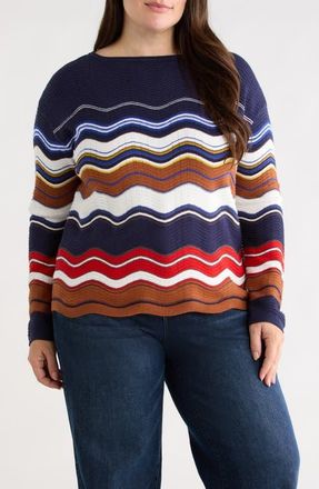 Liverpool Scalloped Hem Sweater in Navy/Brown Multi Stripe at Nordstrom, Size 1X