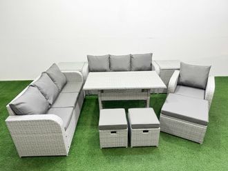 Fimous 10 Seater Poly Rattan Outdoor Garden Furniture Rectangular Dining Table Sofa Set Patio 3 Seater Sofa Reclining Chair 3 Seater Sofa 3 Stools 2