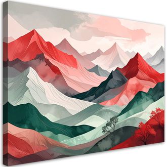 Feeby Cuadro Sobre Lienzo, Monta&ntilde;as Rojas Y Verdes Paisaje En Tonos Pastel, 100x70