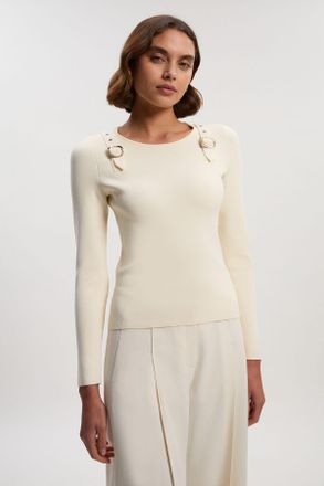 Karen Millen Womens Buckle Trim Long Sleeve Knitted Top - Cream Viscose - Size X-Small