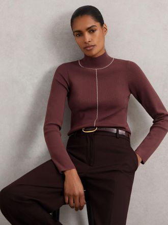 Reiss Kya Burgundy Stitch-detail Funnel-neck Jumper, Medium
