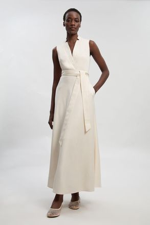 Karen Millen Womens Petite Tailored Linen Wrap Tie Waisted Maxi Dress - White Lyocell - Size 12 UK