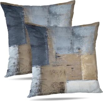 OEM Juego De Dos Fundas De Almohada De 20x20 Cm En Gris Y Marr&oacute;n, Adem&aacute;s De Una Funda Decorativa Cuadrada Azul Con Estampado Abstracto. Fundas Suaves Idea