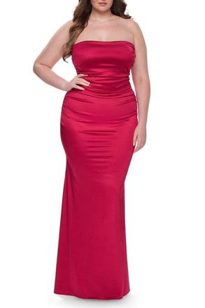 La Femme Strapless Satin Plus Size Dress with Ruching in Deep Red at Nordstrom, Size 22W