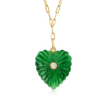 Ross-Simons Carved Jade Heart Paper Clip Link Y-Necklace With Single Lab-Grown Diamond in 18kt Gold Over Sterling