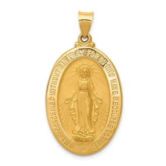 Diamond2Deal 14k Yellow Gold and Satin Hollow Miraculous Medal Oval Pendant
