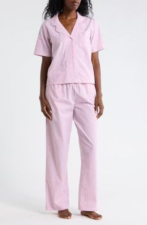 Nordstrom Rack Cotton Poplin Long Pajamas in White- Pink Skinny Stripe at Nordstrom Rack, Size X-Small