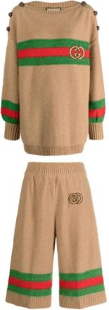 Gucci Streep-Jacquard Trui & Shorts Set - Dames - Ronde hals truien - Bruin - S - Wol - Truien & Vesten