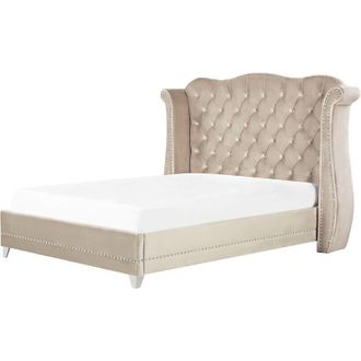 Beliani Cama Con Somier De Terciopelo Beige 180 X 200 Cm Listones Cabecero Capiton&eacute; Ayette