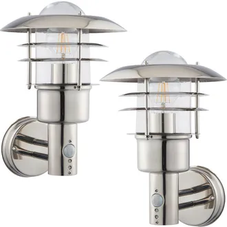Loops 2 PACK IP44 Outdoor Wall Lamp Stainless Steel Caged Glass PIR Lantern Over Light in Metallics