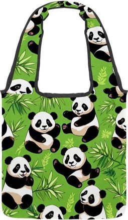 Generic Cute Panda on Green Reversible Canvas Shoulder Tote - Double-Sided Print, 12oz Cotton, 27cm Drop, Fold-Flat Bag for Travel, Shopping, Street Outings