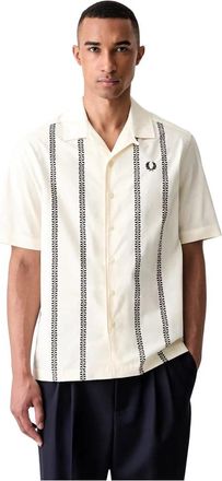 Fred Perry Gedruid Revere Kraag Shirt - Heren - Korte mouwen Overhemden - Beige - L - Katoen - Overhemden