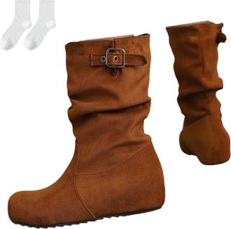 Generic Womens Slouch Boots with Wedge Heel, Fashionable Suede-Look Mid-Calf Boots with Buckle Detail And Non-Slip Sole, Comfortable Ankle Boots for Autumn An