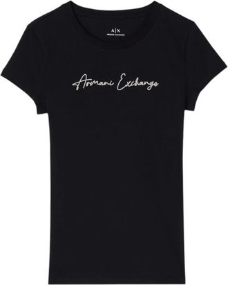 A|X Armani Exchange Tops, Dames, Zwart, S, Katoen, Slim fit T-shirt met glitterlogo