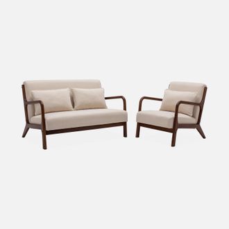 Sweeek Banco De 2 Plazas + Sill&oacute;n De Tela Beige, Madera De Hevea Te&ntilde;ida Madera Oscura