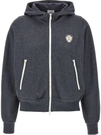 Brunello Cucinelli logo-appliqué hoodie - women - Polyamide/Cotton - L - Grey