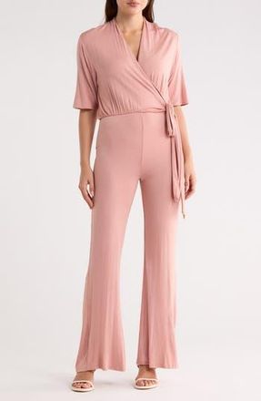 Go Couture Short Sleeve Faux Wrap Jumpsuit in Dark Mauve at Nordstrom Rack, Size X-Large