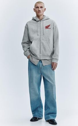 H&M Loose Fit Printed Zip-through Hoodie in Light Gray Melange/honda at Nordstrom, Size Xx-Large