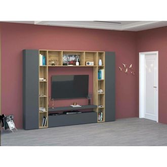 Dmora Pared Equipada Ddragon, Conjunto De Sal&oacute;n Mueble Tv Con 3 Puertas, Mueble De Sal&oacute;n Polivalente, 100% Made In Italy, Cm 270x35h210, Blanco Brillo Y Rob