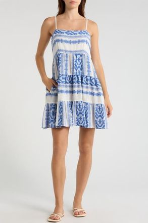 Elan Embroidered Tiered Cotton Cover-Up Sundress in Natural Blue at Nordstrom, Size X-Large