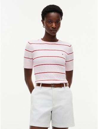Tommy Hilfiger Womens Short-Sleeve Striped Cable Knit Sweater - Pink - XXL
