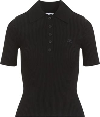 Courr&egrave;ges Ribbed Knit Polo Shirt - Dames - Polos - Zwart - XS - Polyester - Tops