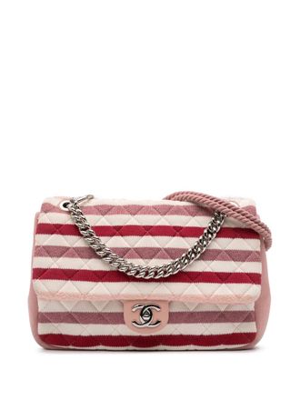 Chanel 2018-2019 Jumbo Stripe Jersey Felt and Rope Flap satchel - White