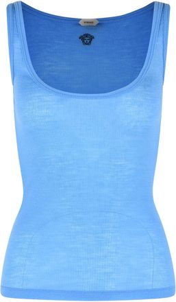 Versace geribbelde tanktop van scheerwol met hemelsblauw borduurwerk