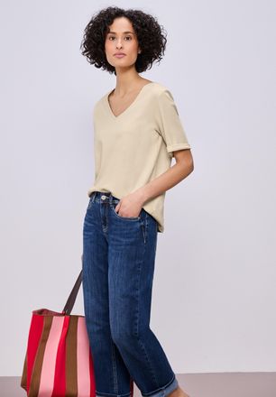 Street One Kurzarmshirt STREET ONE, Damen, Gr. 34, smoke beige, Jersey, Obermaterial: 100% Baumwolle, unifarben, normal h&uuml;ftbedeckend, V-Ausschnitt, abgesteppte 