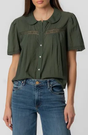 Kut from the Kloth Vienna Lace Trim Cotton Button-Front Top in Olive at Nordstrom, Size Small