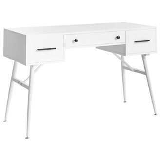 Beliani Escritorio Retro Oficina En Casa 3 Cajones Tablero Aglomerado Patas De Hierro 120 X 50 Cm Blanco Marfla