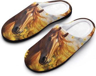 Generic Brown Horse with Sunflowers Cotton Slipper for Women Indoor Outdoor House Shoes Anti-Skid Slippers with Rubber Sole