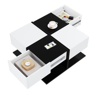 STILVORA Mesa De Centro Cuadrada Con 2 Cajones Y Almacenaje, Dise&ntilde;o Negro Y Blanco, De Tablero De Part&iacute;culas, 70&times;70&times;35,5 Cm